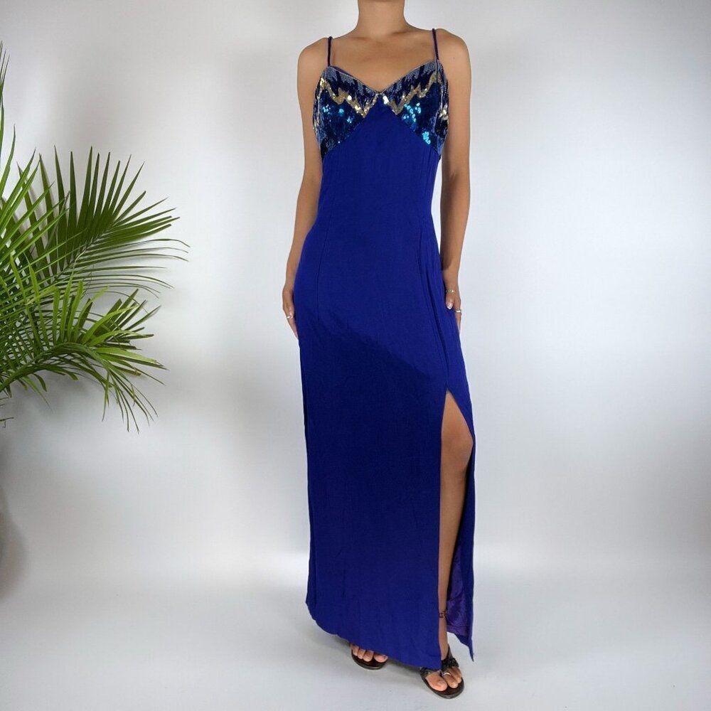 Vintage 90s Blue Sequin Glam Slit Evening Prom Homecoming Dress / Size: 11-12